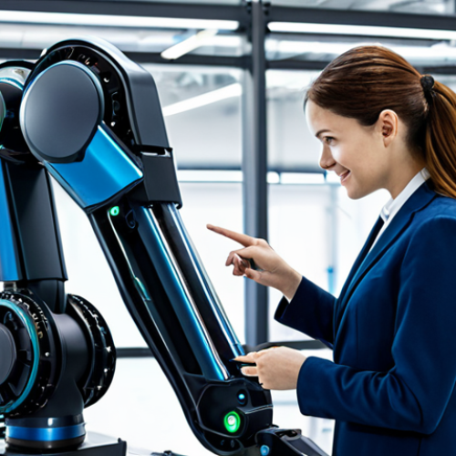Home 4 A professional female engineer and a male factory worker, both fully clothed in appropriate, modest attire, collaborate in a clean, high-tech modern manufacturing facility. The engineer points towards a transparent holographic data display showing real-time production analytics, while the worker meticulously operates a control panel alongside an advanced collaborative robot (cobot) performing a precise assembly task. The environment is bright and futuristic, emphasizing efficiency and innovation. Professional photography, sharp focus, vibrant lighting, perfect anatomy, correct proportions, natural pose, well-formed hands, proper finger count, natural body proportions, high quality, safe for work, appropriate content, family-friendly.